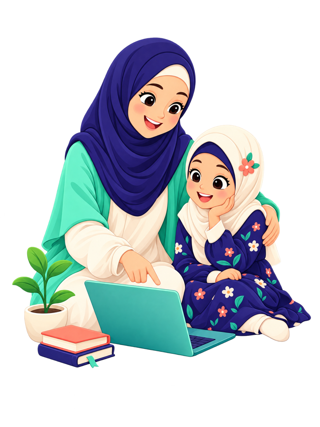 أمٌّ وابنتها تتعلّمان معًا عبر الحاسوب